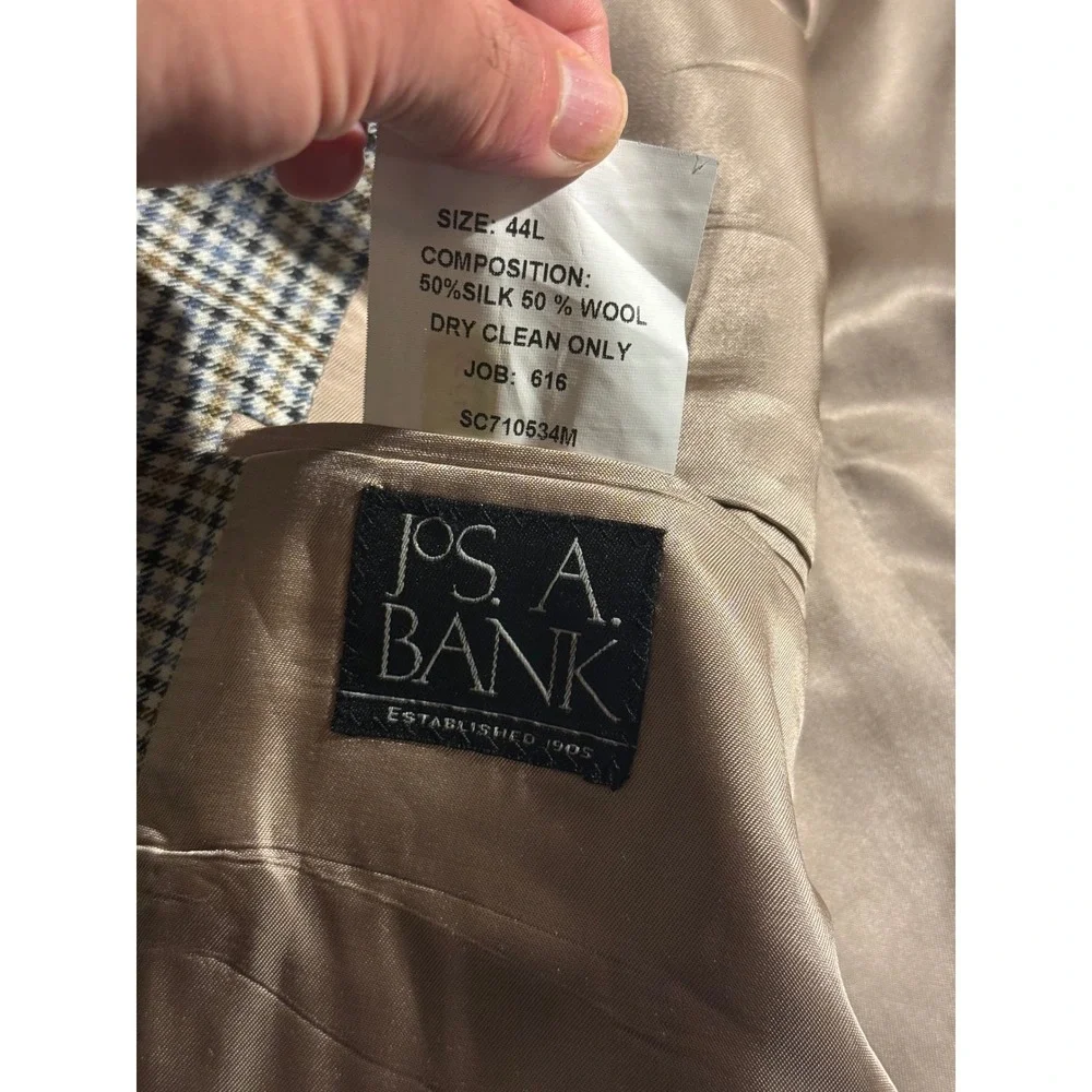 Jos. A. Bank Mens 44L Silk Wool Blend Check Sport Coat Blazer Tan Blue H0573